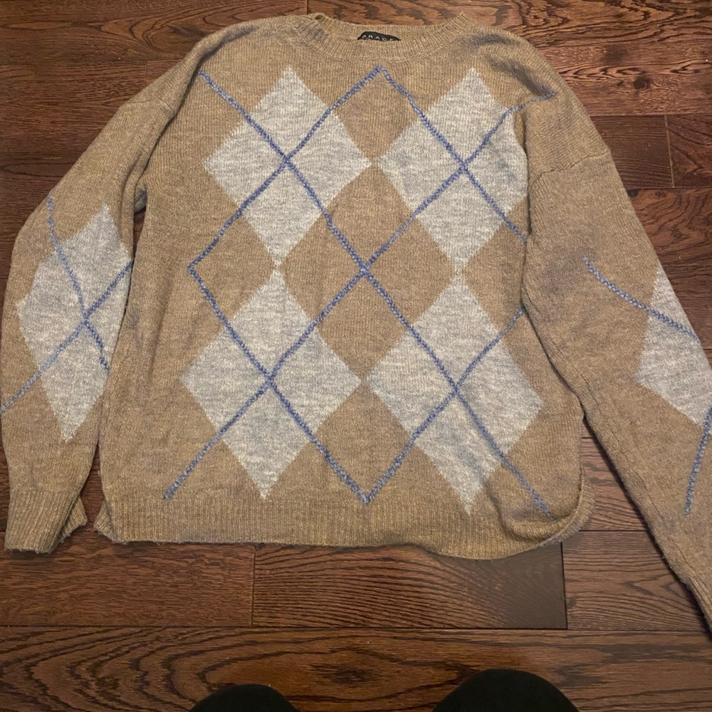 Grace Tan and Blue Crewneck Sweater with Argyle Pattern